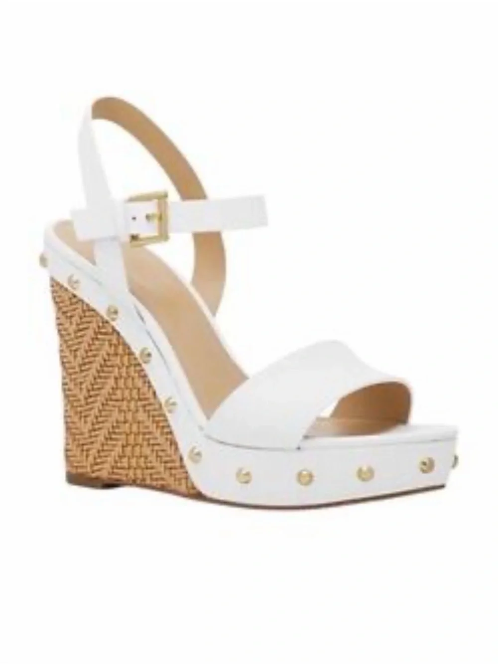 Michael Kors White Wedge Sandal with Raffia Heel and Gold Studs